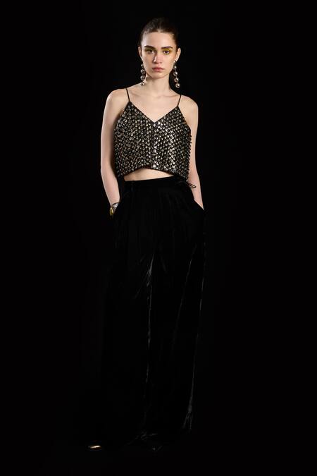 Rara Avis Black Viscose Embroidered Dabka V Neck The Treasured Metallic Crop Top at Aza Fashions Rara Avis_Black Viscose Embroidered Dabka V Neck The Treasured Metallic Crop Top _at_Aza_Fashions