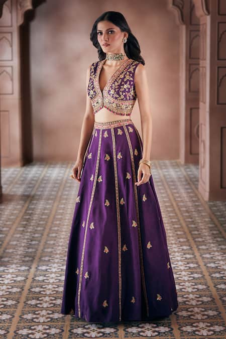 Aariyana Couture_Purple Bamboo Embroidery, Stones, Zari Plunge Neck Floral Lehenga And Blouse Set_at_Aza_Fashions
