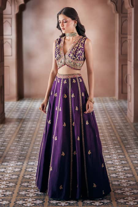 Buy_Aariyana Couture_Purple Bamboo Embroidery, Stones, Zari Plunge Neck Floral Lehenga And Blouse Set