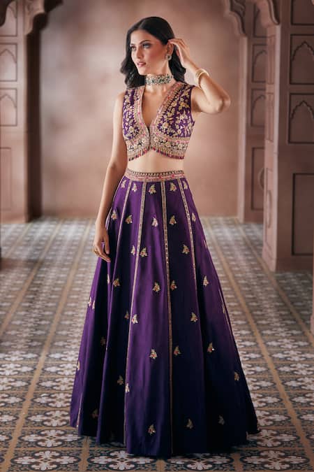 Shop_Aariyana Couture_Purple Bamboo Embroidery, Stones, Zari Plunge Neck Floral Lehenga And Blouse Set