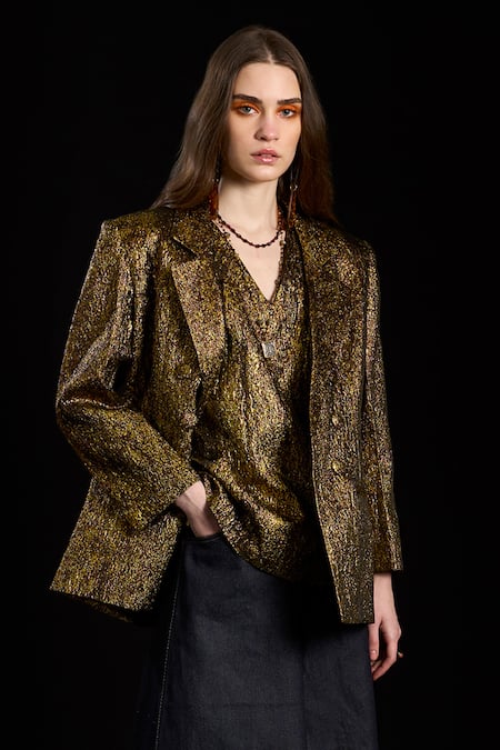 Buy Rara Avis Gold Polyester Woven Jacquard V Neck Detailed Sand Top Online at Aza Fashions Buy_Rara Avis_Gold Polyester Woven Jacquard V Neck Detailed Sand Top _Online_at_Aza_Fashions