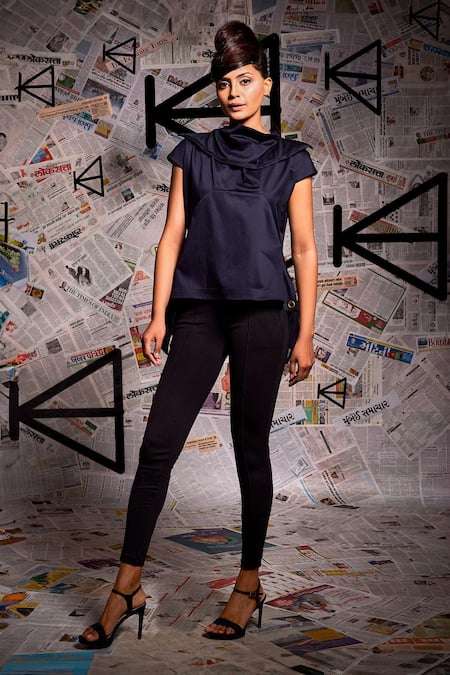 Shop_Echke_Blue Lycra Cotton Plain Cowl Neck Top _Online_at_Aza_Fashions