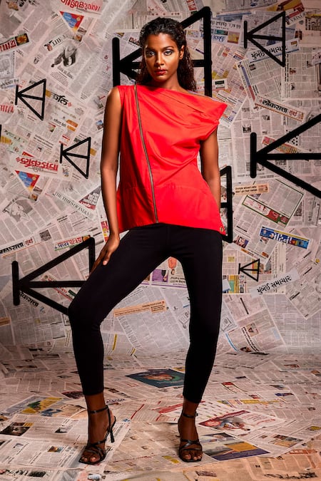 Echke_Red Lycra, Cotton Asymmetric Plain Top _Online_at_Aza_Fashions