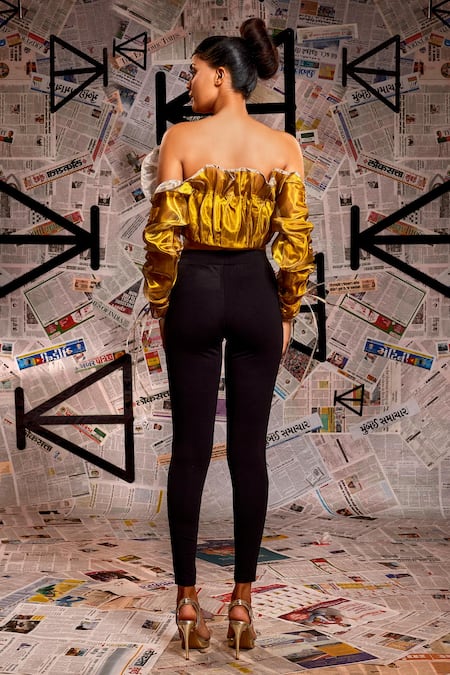 Shop Echke Gold Tissue Round Neck Foil Strapless Top at Aza Fashions Shop_Echke_Gold Tissue Round Neck Foil Strapless Top _at_Aza_Fashions