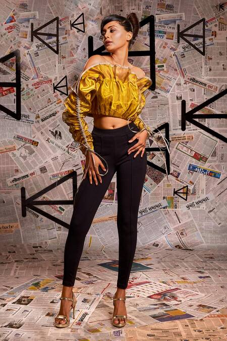 Echke Gold Tissue Round Neck Foil Strapless Top Online at Aza Fashions Echke_Gold Tissue Round Neck Foil Strapless Top _Online_at_Aza_Fashions