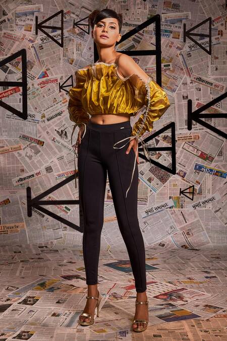 Echke Gold Tissue Round Neck Foil Strapless Top at Aza Fashions Echke_Gold Tissue Round Neck Foil Strapless Top _at_Aza_Fashions