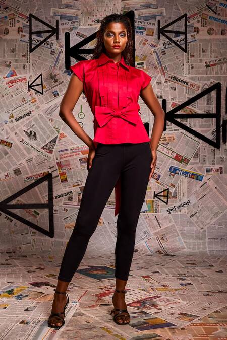 Buy_Echke_Maroon Lycra Cotton Plain Collar Pleated Shirt _Online_at_Aza_Fashions