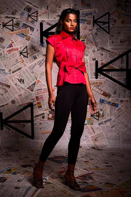 Shop_Echke_Maroon Lycra Cotton Plain Collar Pleated Shirt _Online_at_Aza_Fashions