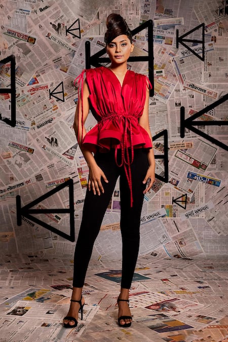 Shop Echke Maroon Lycra, Cotton V-neck Ruched Tie Up Top Online at Aza Fashions Shop_Echke_Maroon Lycra, Cotton V-neck Ruched Tie Up Top _Online_at_Aza_Fashions