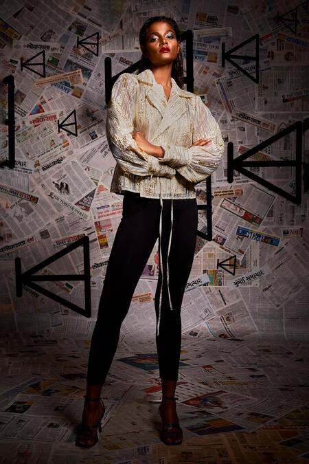 Buy_Echke_Gold Organza Foil Lapel Collar Pattern Jacket _Online_at_Aza_Fashions
