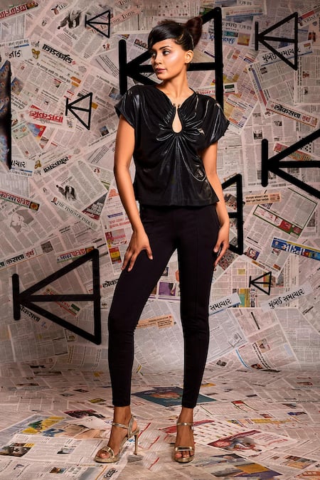 Echke Black Lace Keyhole Neck Plain Ruched Top Online at Aza Fashions Echke_Black Lace Keyhole Neck Plain Ruched Top _Online_at_Aza_Fashions