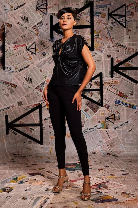 Shop Echke Black Lace Keyhole Neck Plain Ruched Top Online at Aza Fashions Shop_Echke_Black Lace Keyhole Neck Plain Ruched Top _Online_at_Aza_Fashions