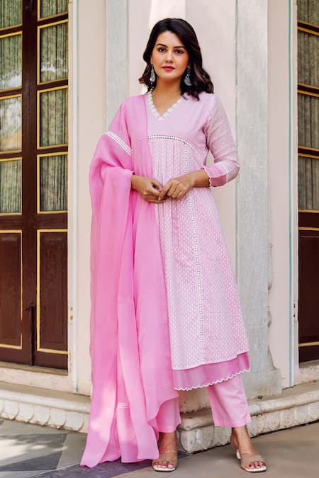 Missprint Pink Kurta Kota Doriya Hand Block Print Lace V Neck Meadow Set 