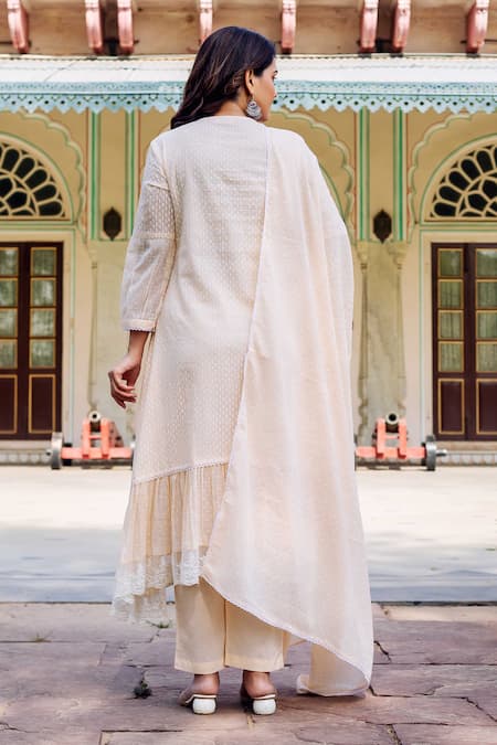 Shop Missprint Beige Kota Doria, Cotton Lace V-neck Desert Blossom Detailed Kurta Set at Aza Fashions Shop_Missprint_Beige Kota Doria, Cotton Lace V-neck Desert Blossom Detailed Kurta Set _at_Aza_Fashions