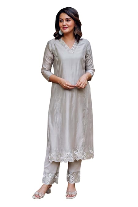 Buy Missprint Grey Silk, Cotton, Chanderi Cut Work V-neck Mist Cut-work Detailed Kurta Set Online at Aza Fashions Buy_Missprint_Grey Silk, Cotton, Chanderi Cut Work V-neck Mist Cut-work Detailed Kurta Set _Online_at_Aza_Fashions