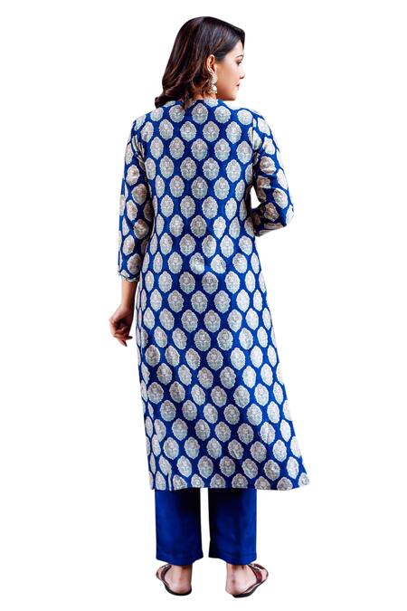 Shop Missprint Blue Silk, Cotton, Chanderi Embroidery V-neck Kurta Pant Set Online at Aza Fashions Shop_Missprint_Blue Silk, Cotton, Chanderi Embroidery V-neck Kurta Pant Set _Online_at_Aza_Fashions