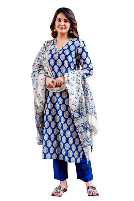 Buy Missprint Blue Silk, Cotton, Chanderi Embroidery V-neck Kurta Pant Set Buy_Missprint_Blue Silk, Cotton, Chanderi Embroidery V-neck Kurta Pant Set