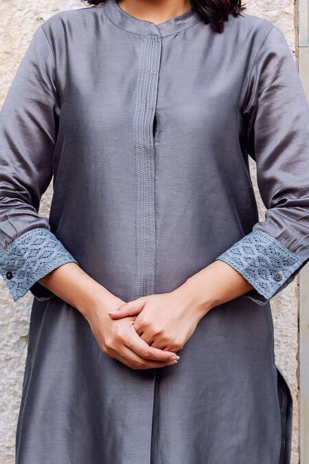 Missprint Grey Silk, Chanderi, Cotton Embroidery, Cut Work Mandarin Mist Thread Kurta Set Online at Aza Fashions Missprint_Grey Silk, Chanderi, Cotton Embroidery, Cut Work Mandarin Mist Thread Kurta Set _Online_at_Aza_Fashions