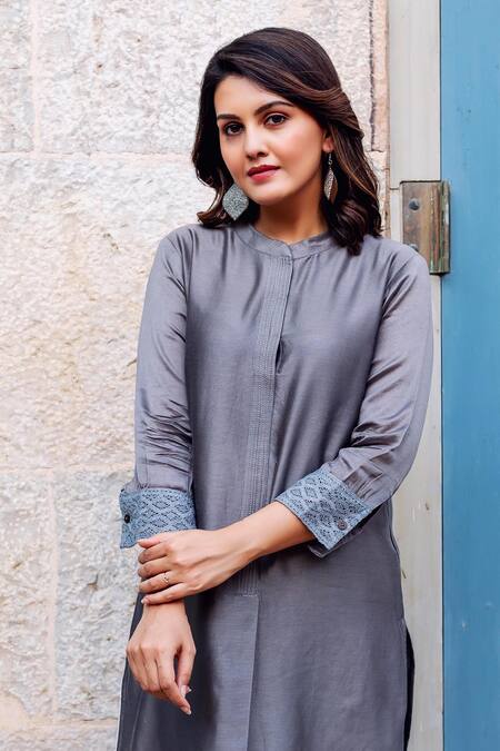 Buy Missprint Grey Silk, Chanderi, Cotton Embroidery, Cut Work Mandarin Mist Thread Kurta Set Online at Aza Fashions Buy_Missprint_Grey Silk, Chanderi, Cotton Embroidery, Cut Work Mandarin Mist Thread Kurta Set _Online_at_Aza_Fashions