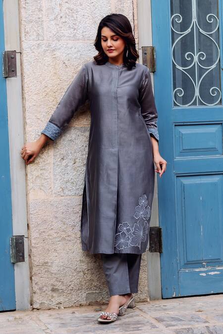 Shop Missprint Grey Silk, Chanderi, Cotton Embroidery, Cut Work Mandarin Mist Thread Kurta Set Online at Aza Fashions Shop_Missprint_Grey Silk, Chanderi, Cotton Embroidery, Cut Work Mandarin Mist Thread Kurta Set _Online_at_Aza_Fashions