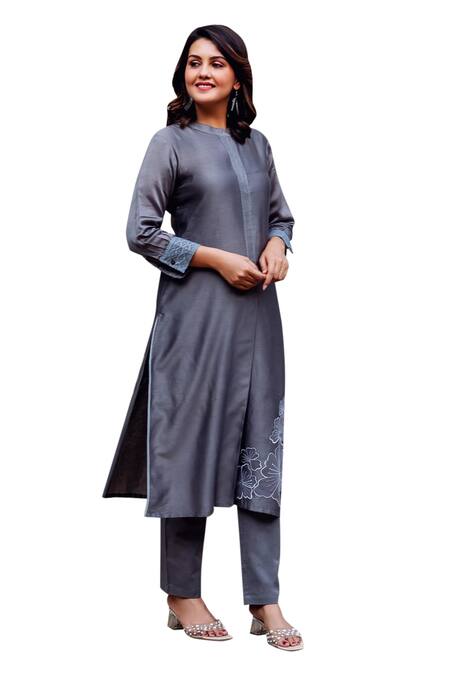 Missprint Grey Silk, Chanderi, Cotton Embroidery, Cut Work Mandarin Mist Thread Kurta Set at Aza Fashions Missprint_Grey Silk, Chanderi, Cotton Embroidery, Cut Work Mandarin Mist Thread Kurta Set _at_Aza_Fashions