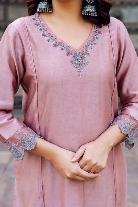 Shop_Missprint_Pink Silk, Cotton, Chanderi Embroidery, Lace V-neck Scallop Hem Kurta Pant Set _Online_at_Aza_Fashions