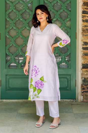 Missprint_Purple Silk, Cotton, Organza Lace V-neck Mist Hand Paint Kurta Pant Set_Online_at_Aza_Fashions