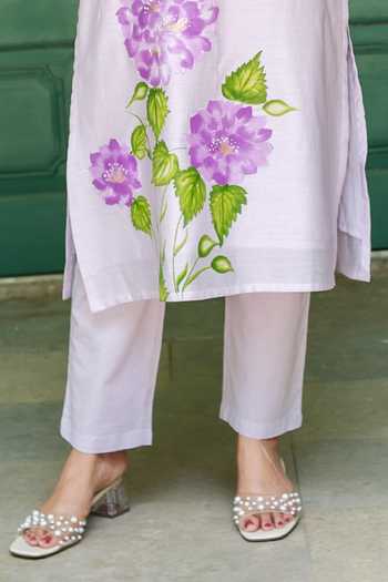 Buy_Missprint_Purple Silk, Cotton, Organza Lace V-neck Mist Hand Paint Kurta Pant Set_Online_at_Aza_Fashions