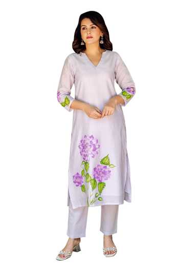 Shop_Missprint_Purple Silk, Cotton, Organza Lace V-neck Mist Hand Paint Kurta Pant Set_Online_at_Aza_Fashions