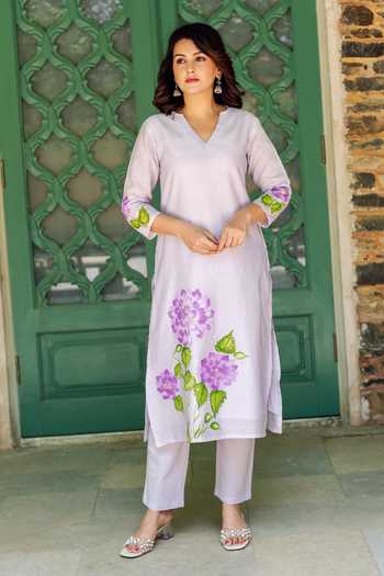 Missprint_Purple Silk, Cotton, Organza Lace V-neck Mist Hand Paint Kurta Pant Set_at_Aza_Fashions
