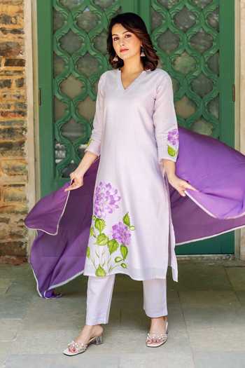 Shop_Missprint_Purple Silk, Cotton, Organza Lace V-neck Mist Hand Paint Kurta Pant Set