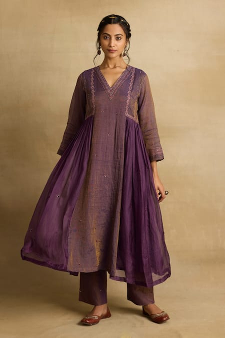 Rhua_Purple Kota Doria, Tissue, Cotton, Silk Alani Aari And Zardozi Panelled Kurta Set _Online_at_Aza_Fashions