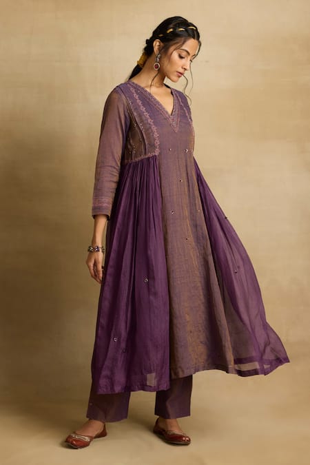 Buy_Rhua_Purple Kota Doria, Tissue, Cotton, Silk Alani Aari And Zardozi Panelled Kurta Set _Online_at_Aza_Fashions
