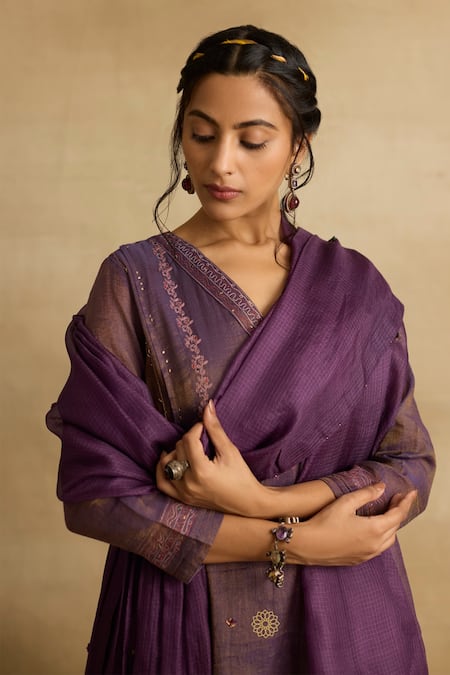 Rhua_Purple Kota Doria, Tissue, Cotton, Silk Alani Aari And Zardozi Panelled Kurta Set _at_Aza_Fashions
