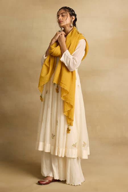 Shop_Rhua_Ivory Cotton, Chanderi Embroidery, Asin Bloom Aari And Zardozi Anarkali Set _Online_at_Aza_Fashions