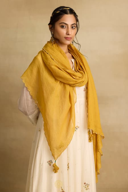 Rhua_Ivory Cotton, Chanderi Embroidery, Asin Bloom Aari And Zardozi Anarkali Set _at_Aza_Fashions