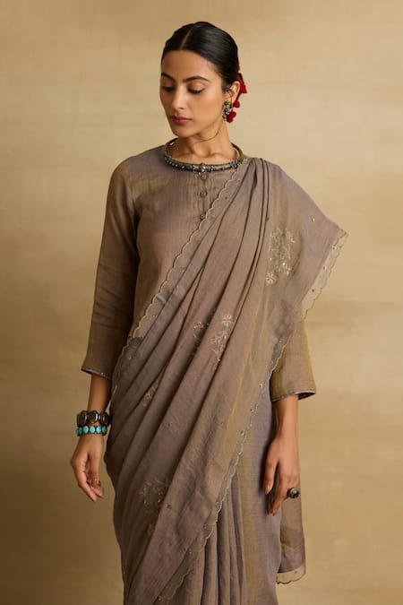 Rhua_Beige Cotton, Silk, Tissue, Chanderi Falak Bloom Aari And Zardozi Saree Set _at_Aza_Fashions