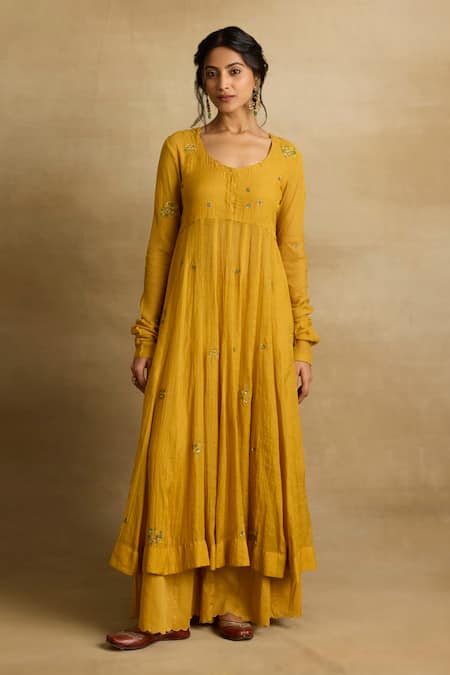 Rhua_Yellow Cotton, Silk, Chanderi, Kota Meher Blossom Aari And Zardozi Anarkali Set _Online_at_Aza_Fashions