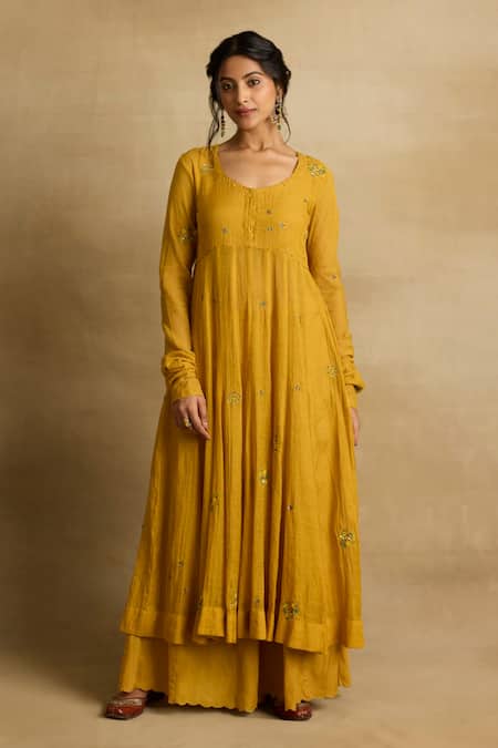 Buy_Rhua_Yellow Cotton, Silk, Chanderi, Kota Meher Blossom Aari And Zardozi Anarkali Set _Online_at_Aza_Fashions