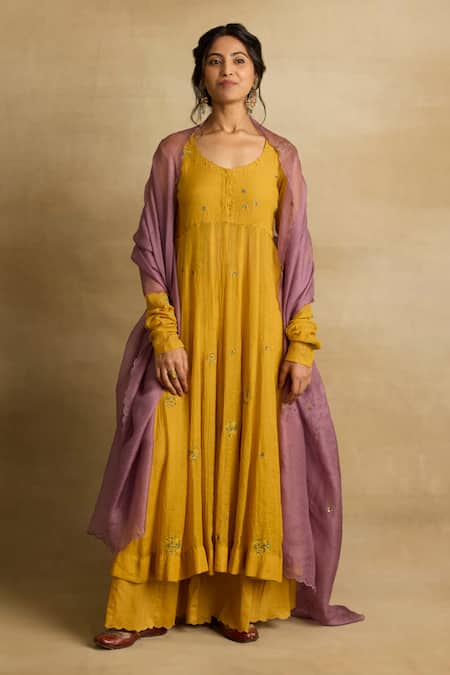 Shop_Rhua_Yellow Cotton, Silk, Chanderi, Kota Meher Blossom Aari And Zardozi Anarkali Set _Online_at_Aza_Fashions