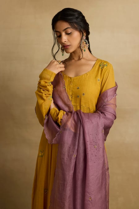 Rhua_Yellow Cotton, Silk, Chanderi, Kota Meher Blossom Aari And Zardozi Anarkali Set _at_Aza_Fashions