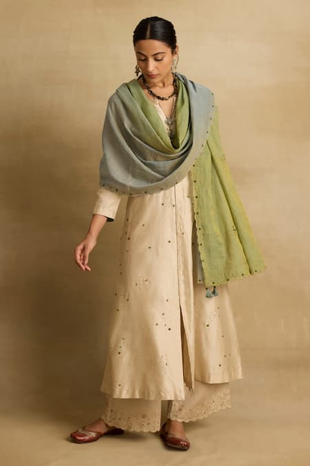 Buy Rhua Beige Chanderi Silk, Cotton, Tissue Paakhi Stellar Dust Kurta Pant Set Online at Aza Fashions Buy_Rhua_Beige Chanderi Silk, Cotton, Tissue Paakhi Stellar Dust Kurta Pant Set _Online_at_Aza_Fashions