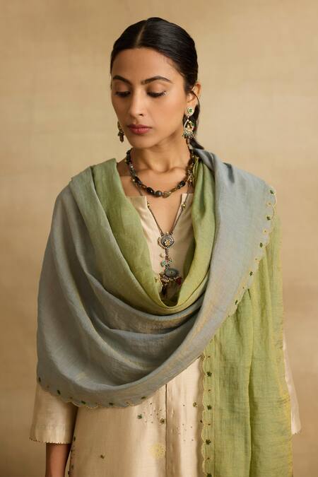 Shop Rhua Beige Chanderi Silk, Cotton, Tissue Paakhi Stellar Dust Kurta Pant Set Online at Aza Fashions Shop_Rhua_Beige Chanderi Silk, Cotton, Tissue Paakhi Stellar Dust Kurta Pant Set _Online_at_Aza_Fashions