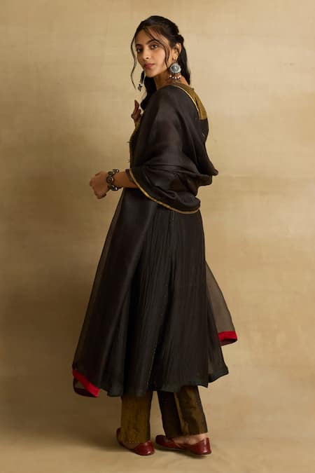 Shop Rhua Black Organza, Cotton, Chanderi, Silk, Kota Doria Parnika Floral Yoke Kurta Set at Aza Fashions Shop_Rhua_Black Organza, Cotton, Chanderi, Silk, Kota Doria Parnika Floral Yoke Kurta Set _at_Aza_Fashions