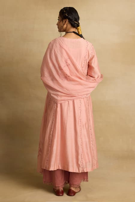 Shop Rhua Pink Chanderi, Cotton, Silk Embroidery V-neck Ruhani Phool Vine Kurta Set at Aza Fashions Shop_Rhua_Pink Chanderi, Cotton, Silk Embroidery V-neck Ruhani Phool Vine Kurta Set _at_Aza_Fashions