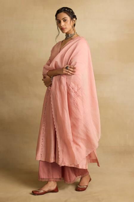 Shop Rhua Pink Chanderi, Cotton, Silk Embroidery V-neck Ruhani Phool Vine Kurta Set Online at Aza Fashions Shop_Rhua_Pink Chanderi, Cotton, Silk Embroidery V-neck Ruhani Phool Vine Kurta Set _Online_at_Aza_Fashions