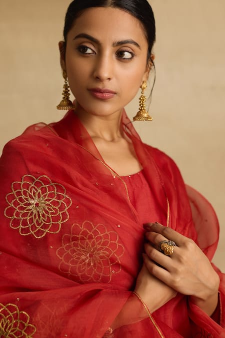 Rhua_Red Organza, Chanderi Silk, Samira Aari And Zardozi Work Kurta Sharara Set _Online_at_Aza_Fashions