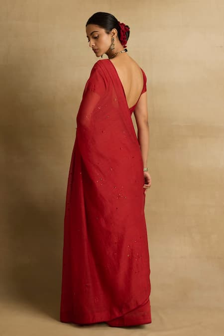 Shop Rhua Red Cotton, , , Sitara Aari And Zardozi Glint Saree Set at Aza Fashions Shop_Rhua_Red Cotton, , , Sitara Aari And Zardozi Glint Saree Set _at_Aza_Fashions