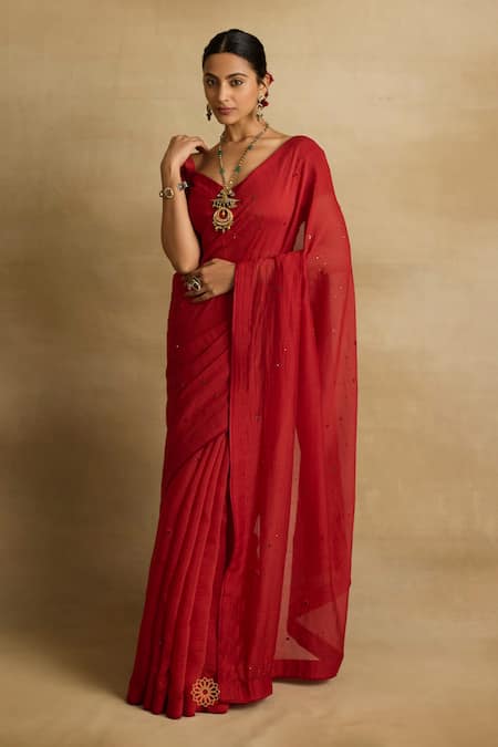 Rhua Red Cotton, , , Sitara Aari And Zardozi Glint Saree Set Online at Aza Fashions Rhua_Red Cotton, , , Sitara Aari And Zardozi Glint Saree Set _Online_at_Aza_Fashions