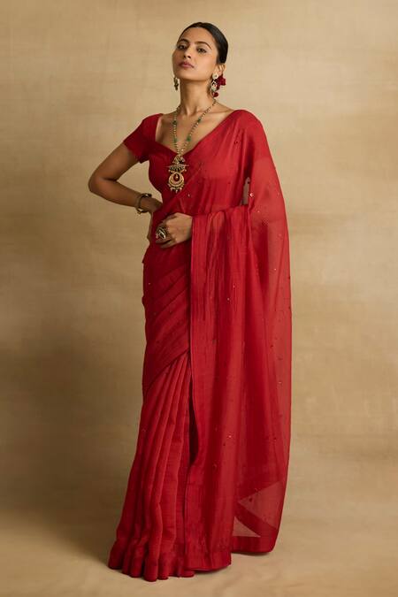 Buy Rhua Red Cotton, , , Sitara Aari And Zardozi Glint Saree Set Online at Aza Fashions Buy_Rhua_Red Cotton, , , Sitara Aari And Zardozi Glint Saree Set _Online_at_Aza_Fashions